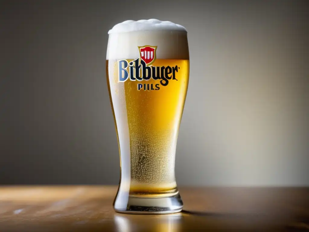 Vaso de Pilsner Bitburger Premium Pils, cristalino y efervescente, con espuma blanca cremosa