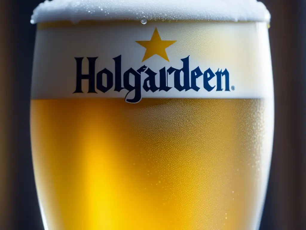 Cerveza Hoegaarden Witbier: Detalles dorados y espuma blanca, burbujas elegantes y condensación brillante