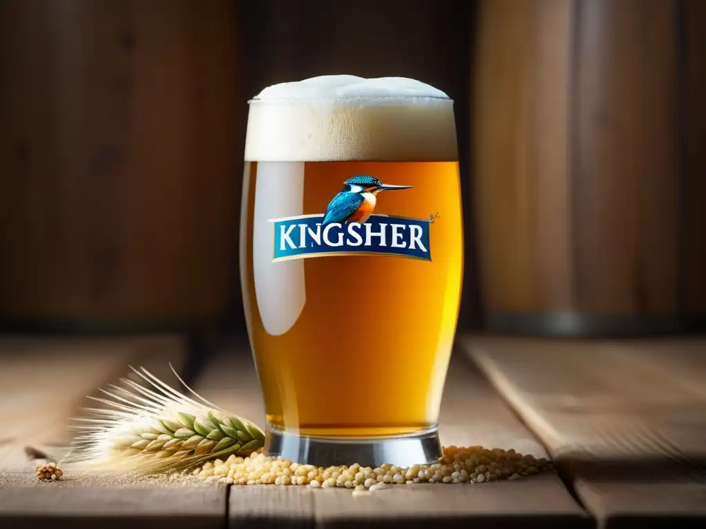 Kingfisher Premium Lager, cerveza dorada con espuma blanca, sobre mesa de madera rodeada de cebada y conos de lúpulo