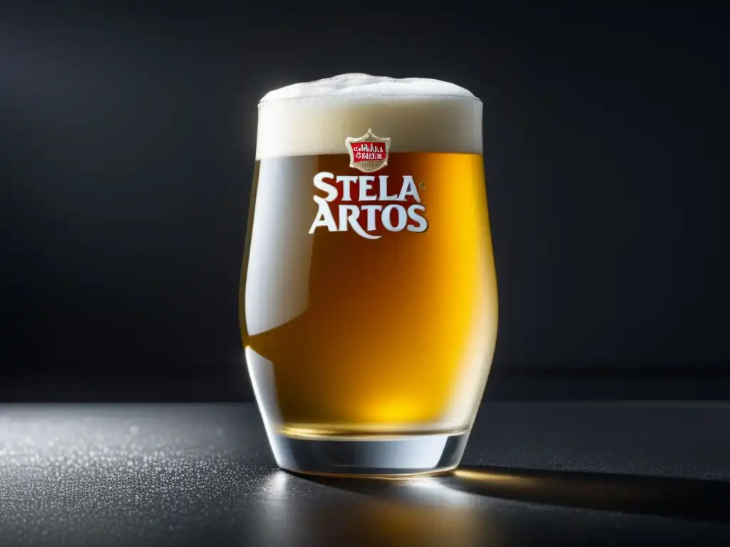 Vaso de cerveza Stella Artois con espuma cremosa y burbujas brillantes