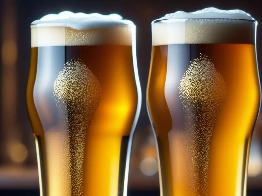 Dos copas de cerveza dorada con espuma y condensación, mostrando las diferencias entre certificaciones