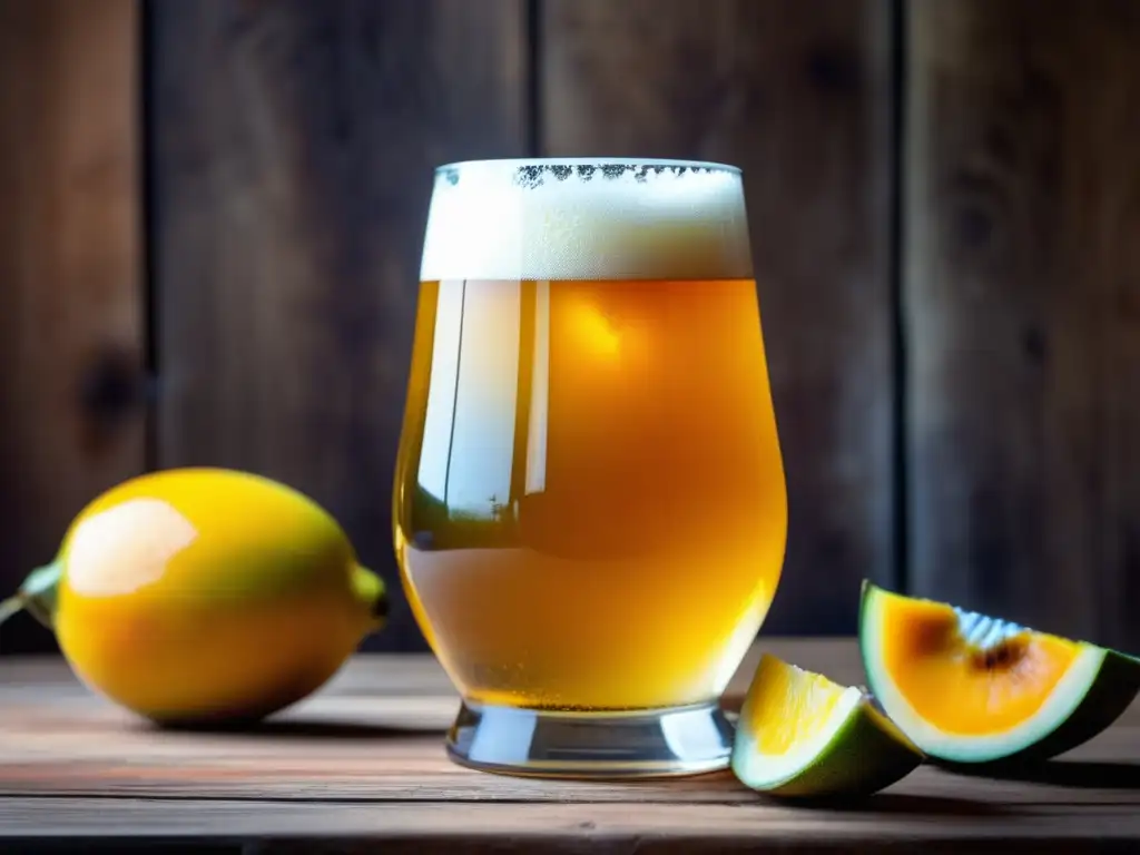 Tendencias Sabor: Cerveza artesanal dorada con espuma blanca y frutas tropicales frescas en una mesa de madera rústica