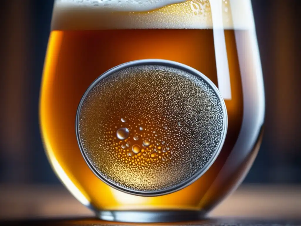 Detalles intrincados de una cerveza artesanal en un vaso adornado con grabados: Ruta por Uruguay