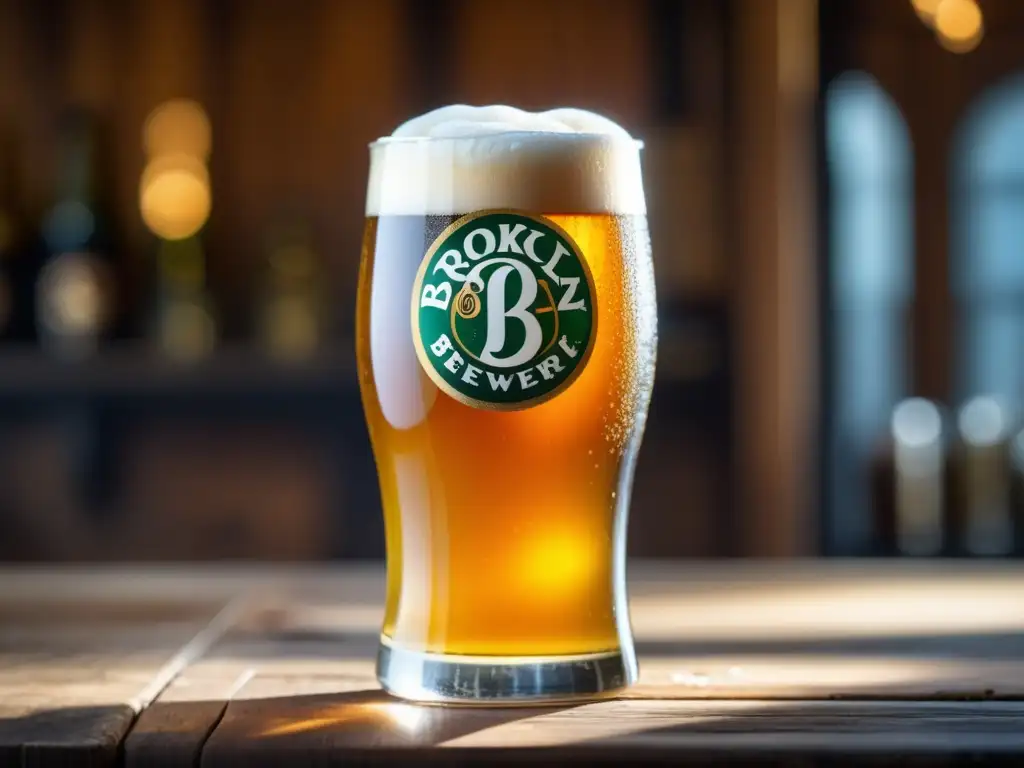 Cerveza Brooklyn Brewery Sorachi Ace Saison de Verano en mesa de madera rústica, con burbujas y condensación