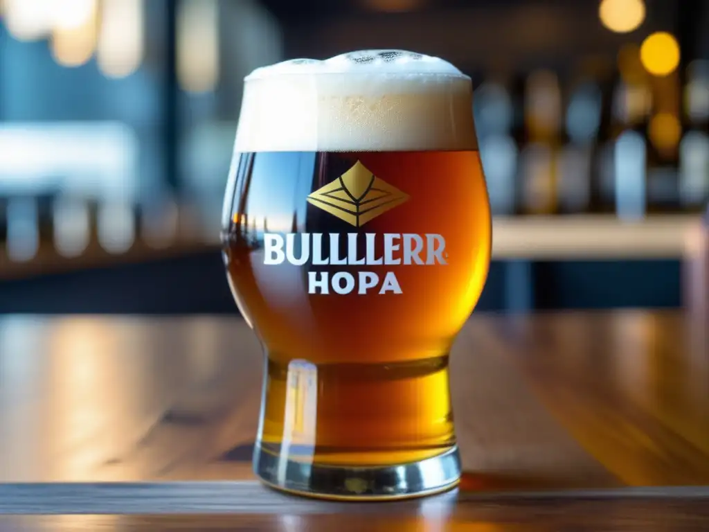 Cerveza Imperial IPA Buller: cristal, líquido dorado, espuma blanca, manos, lúpulo, madera