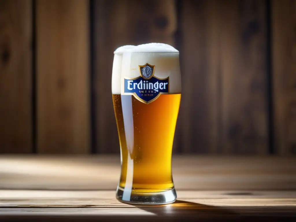 Imagen de cerveza de trigo filtrada Erdinger Weissbier Kristallklar con burbujas y detalles en vaso - Krystal Weizen