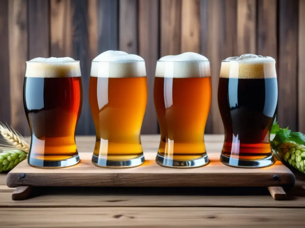 Degustaciones temáticas: Beer flight de IPA, Stout y Witbier en tablero rústico con lúpulo y cebada