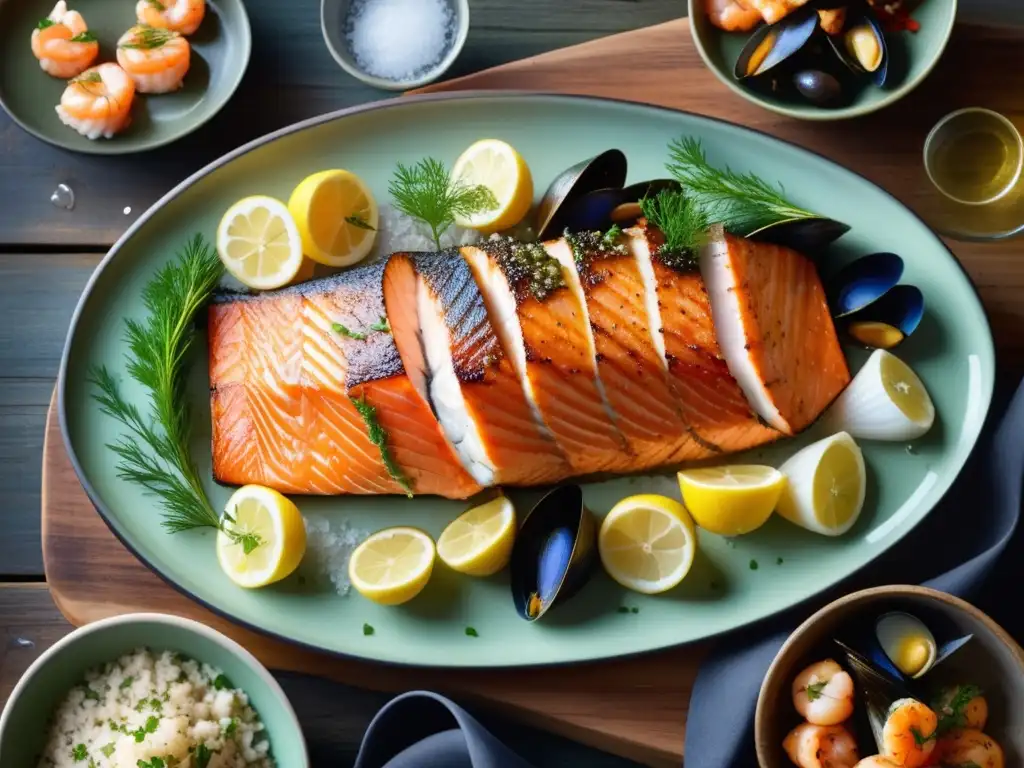 Un festín de mariscos grasos y Tripel Belga en una tabla rústica, con salmón crujiente, vieiras, langostinos y mejillones jugosos