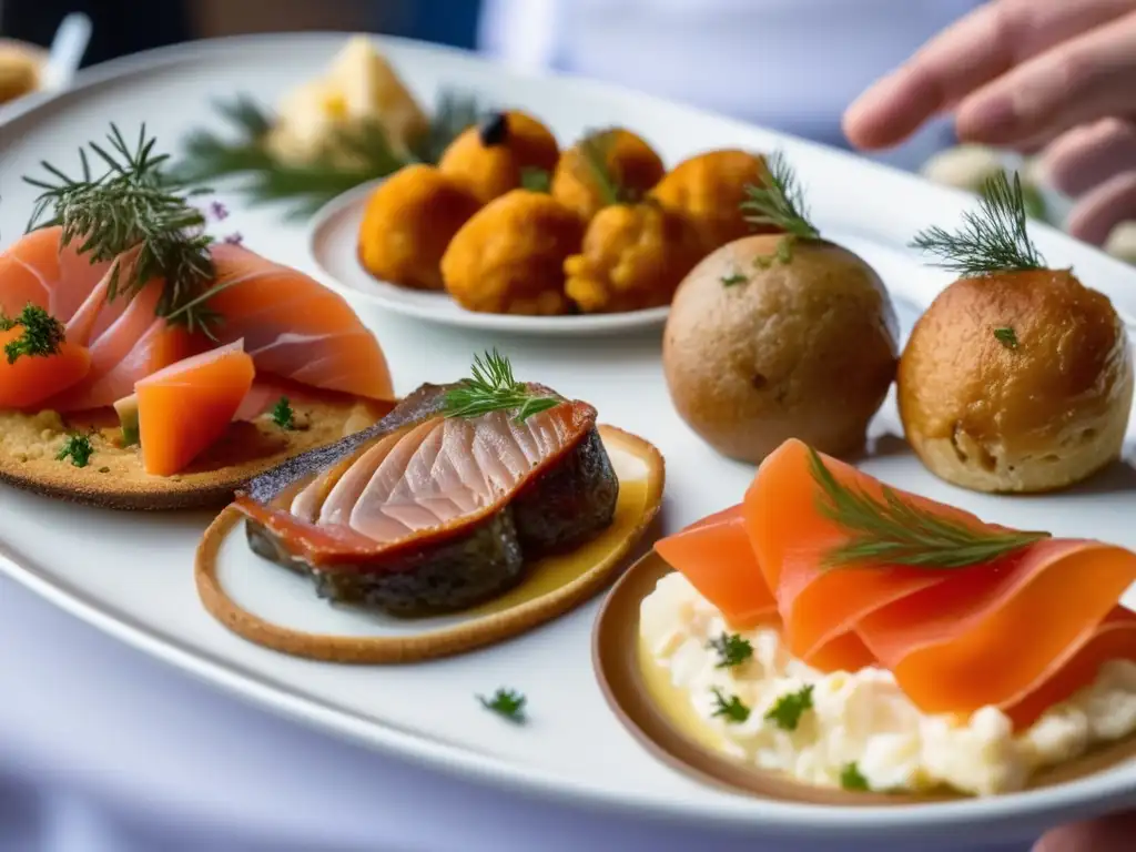 Plato sueco tradicional en el Stockholm Beer & Whisky Festival con gravlax, köttbullar, Janssons frestelse y knäckebröd