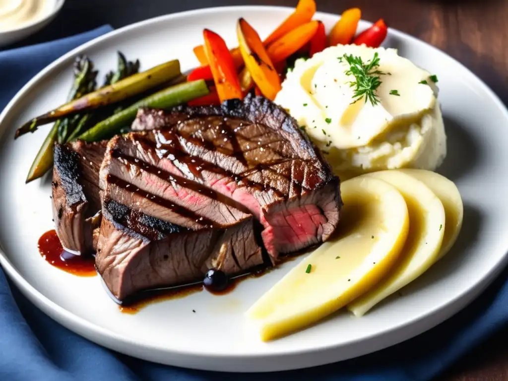 Un delicioso plato de carne a la parrilla con una costra caramelizada, acompañado de verduras asadas y puré de papas cremoso