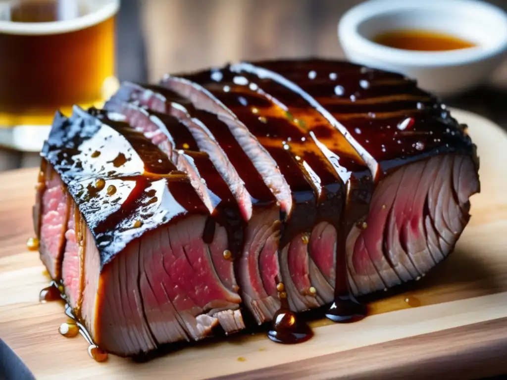 Un suculento trozo de carne marinada, jugosa y brillante, en una tabla de cortar rústica de madera