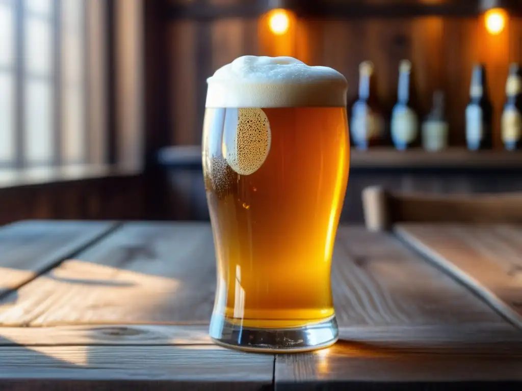 Cervezas y Temporada: Cerveza ámbar perfectamente servida en mesa de madera rústica, iluminada por luz natural