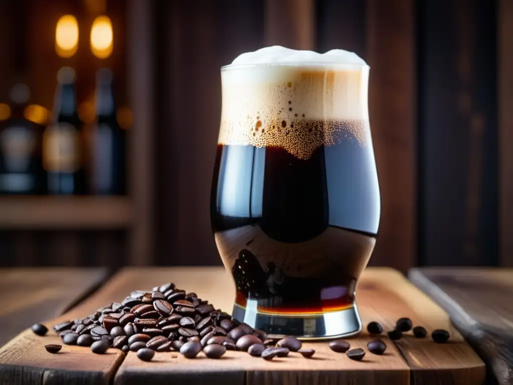 Imagen detallada de una cerveza negra con café y cacao, con espuma y condensación