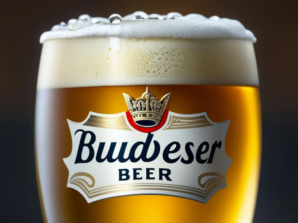 Cerveza Budweiser: imagen detallada de una cerveza dorada con burbujas y espuma cremosa