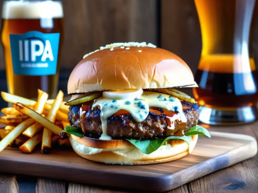 Deliciosa cerveza IPA dorada con una jugosa hamburguesa de queso azul y cebolla caramelizada, acompañada de crujientes papas fritas doradas