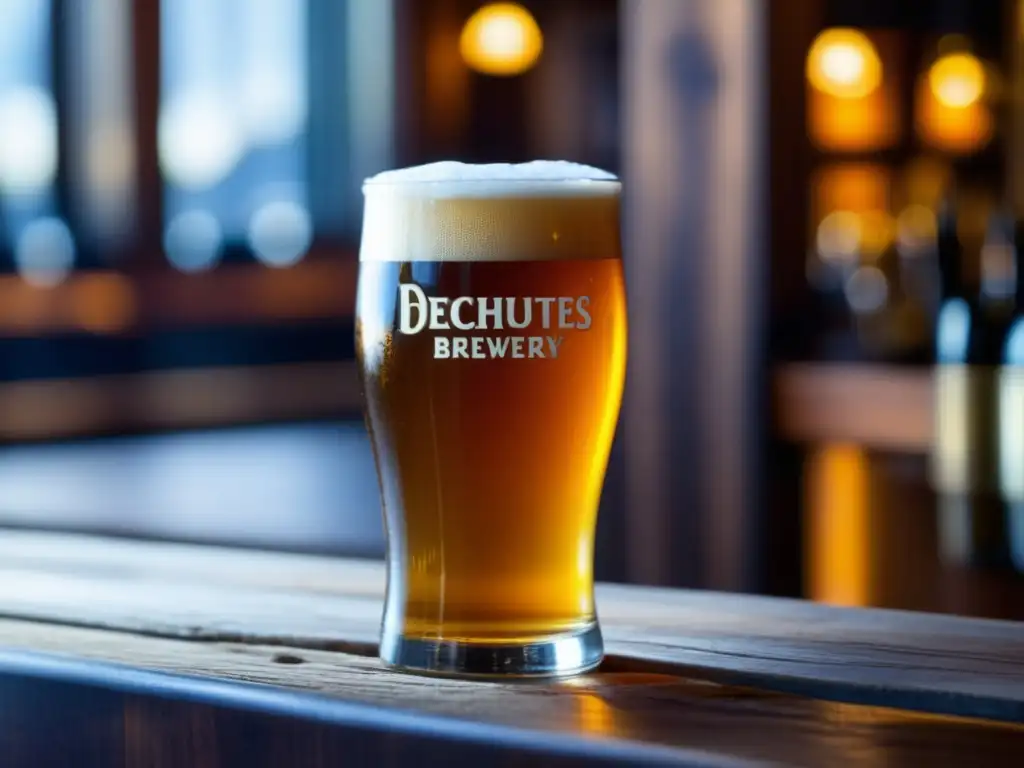 Cerveza artesanal Deschutes Brewery: Pinta dorada con burbujas, condensación y barra de madera envejecida