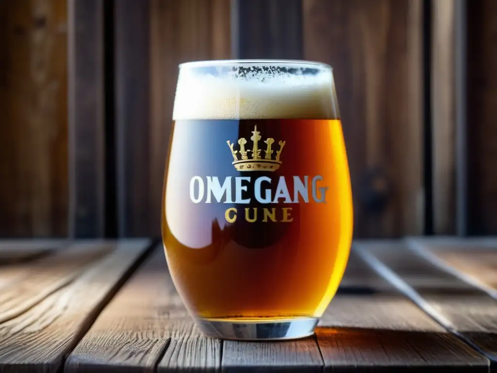 Cerveza Ommegang: imagen cautivadora de una cerveza ámbar con espuma cremosa, burbujas brillantes y detalles intrincados en un entorno rústico