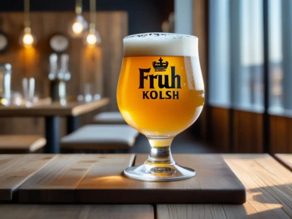 Cerveza Früh Kölsch en mesa de madera con sushi, alitas y más