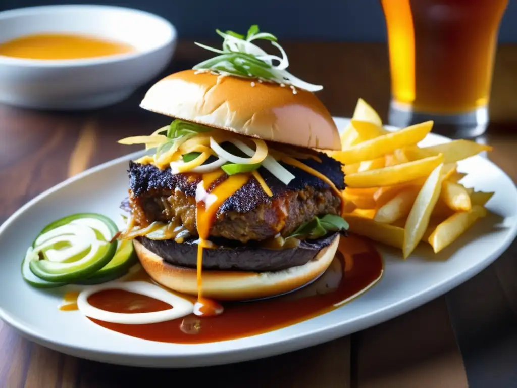 Plato de deliciosos platos infundidos con IPA de Tuatara Brewery: jugosa hamburguesa, aros de cebolla crujientes, papas fritas y ensalada fresca