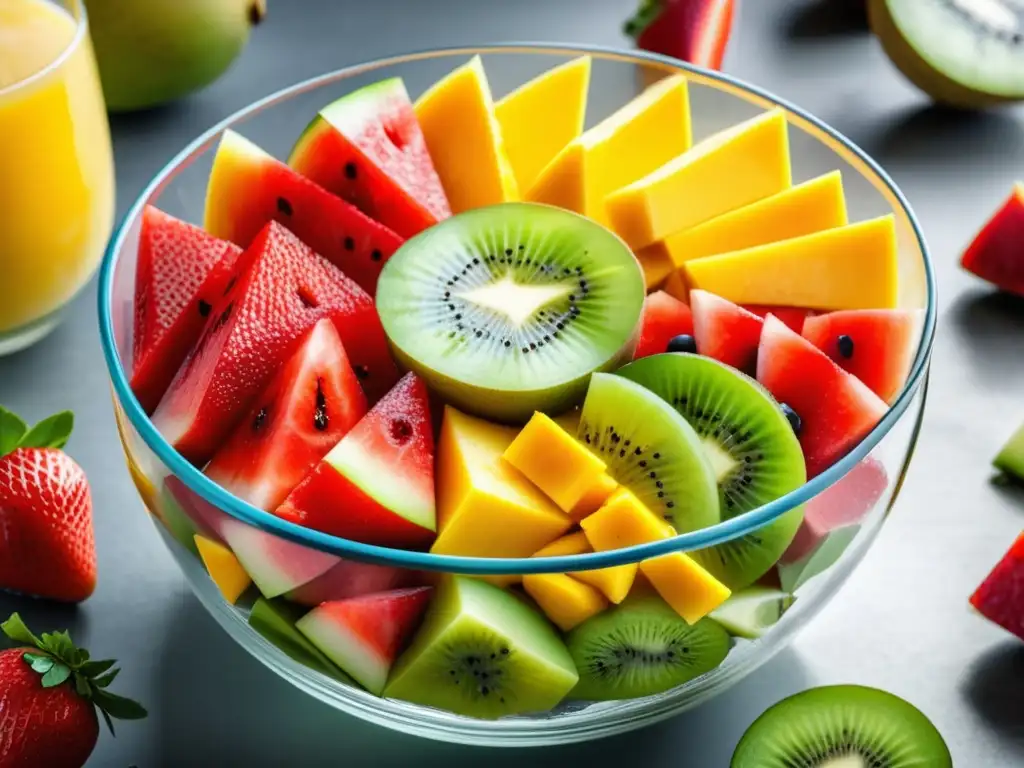 Deliciosa ensalada de frutas con agua de frutas tropicales, perfectamente arreglada en un tazón de vidrio transparente