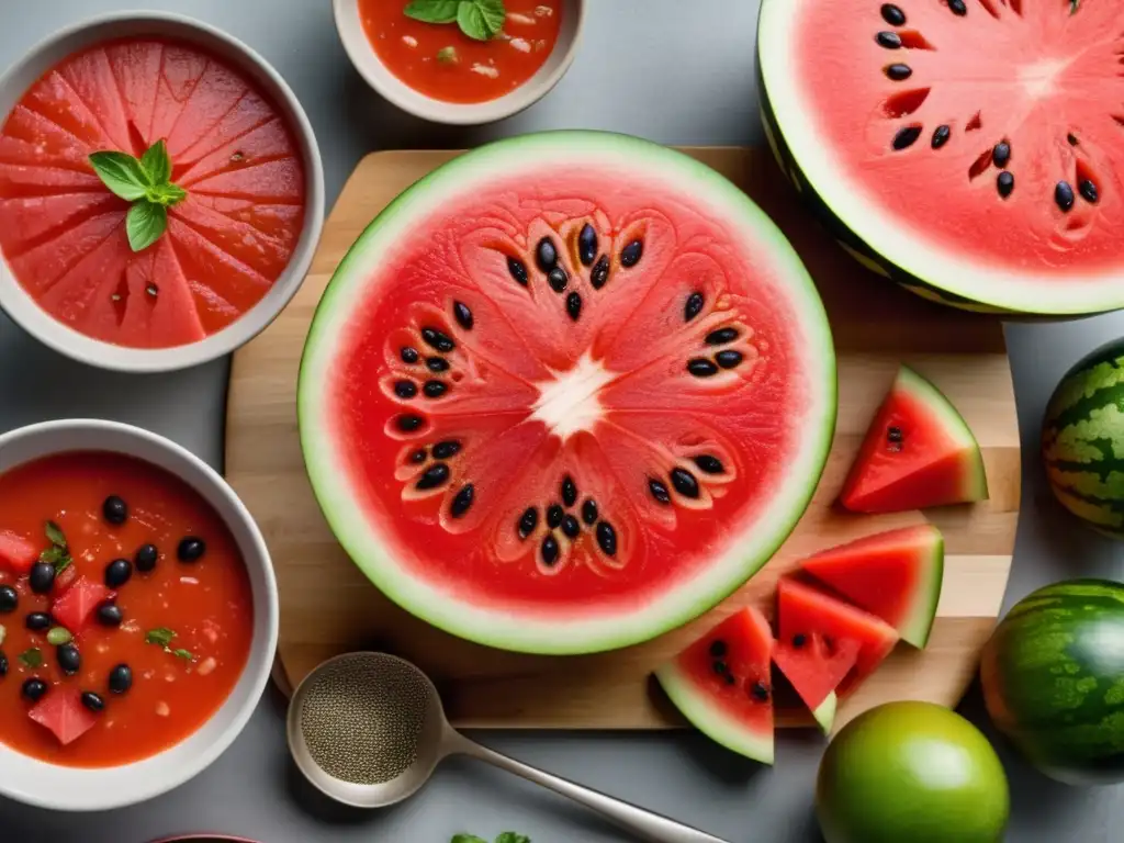 Deliciosa imagen de una sandía madura en una tabla de cortar de madera, rodeada de ingredientes para hacer gazpacho