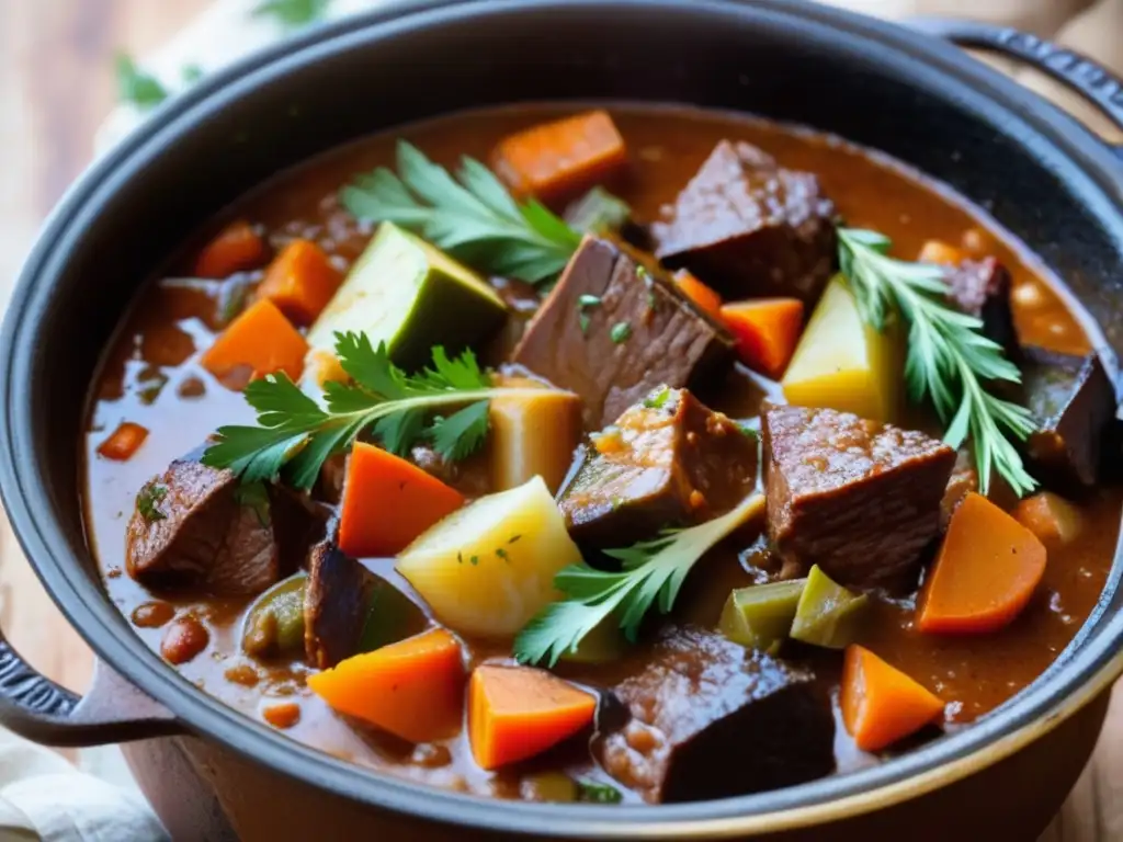 Cocido tradicional con ingredientes abundantes en una olla de barro sobre una estufa vintage de hierro fundido