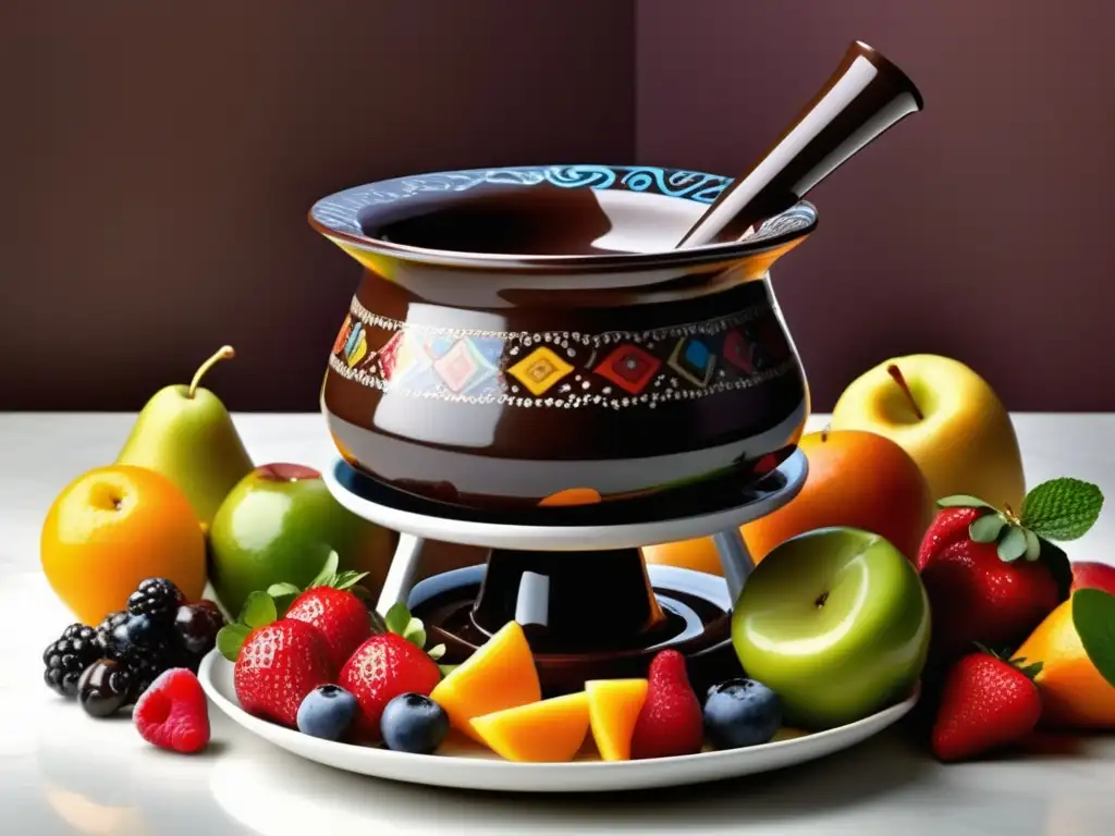 Imagen de fondue de chocolate con frutas frescas y cerveza Lager Báltica, elegante y apetitosa