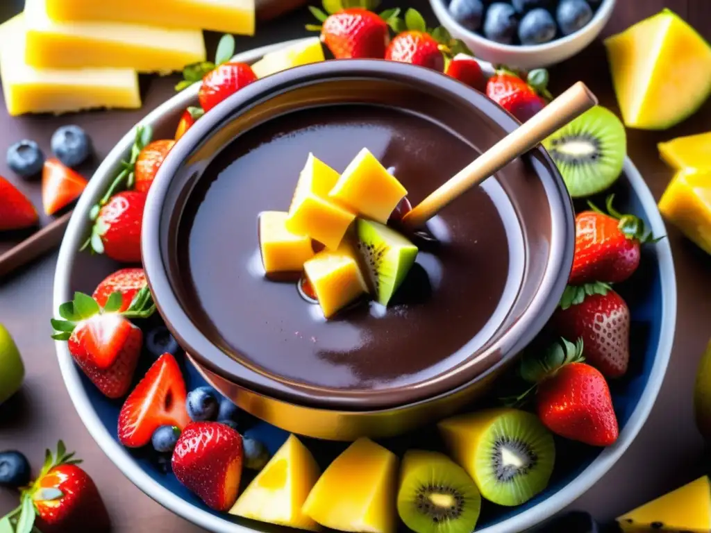 Delicioso fondue de chocolate con frutas frescas y cerveza Lager Báltica