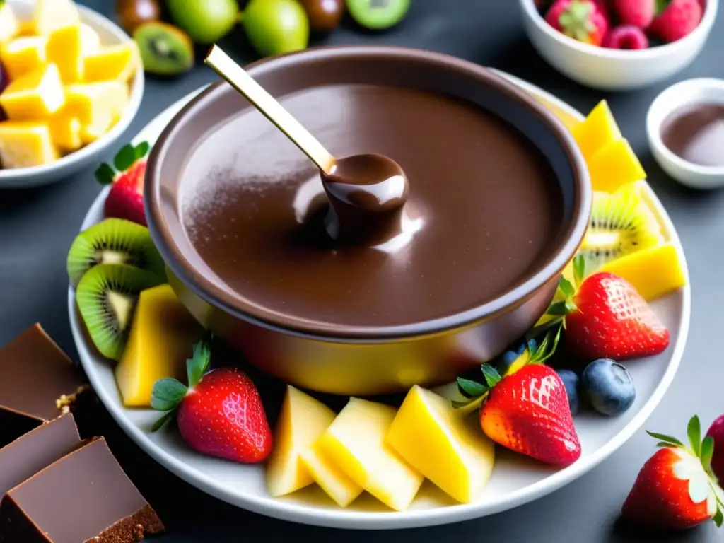 Deliciosa fondue de chocolate con frutas vibrantes y chocolate derretido