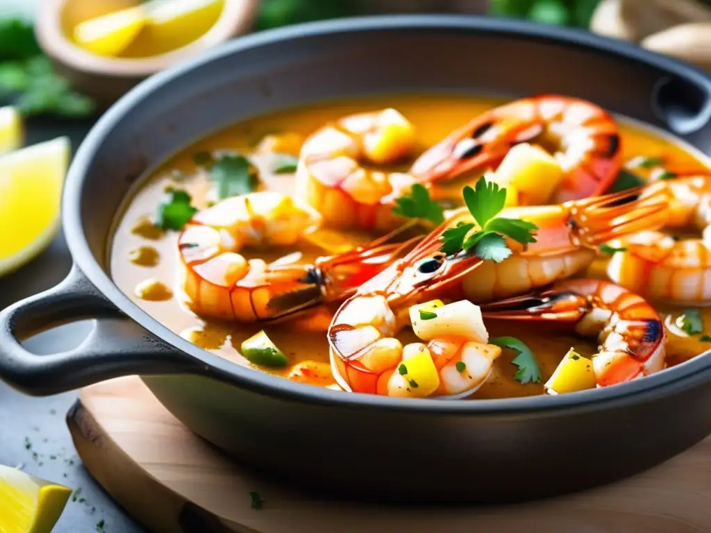 Deliciosas Gambas al Ajillo en cazuela de barro con cerveza Pilsner, jugosas y doradas, con ajo, guindillas y ambiente cautivador