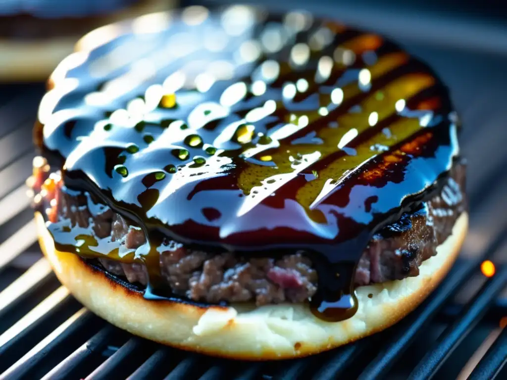 Jugosa hamburguesa de res marinada en cerveza Bock, a la parrilla, con marcas de grill y aroma irresistible