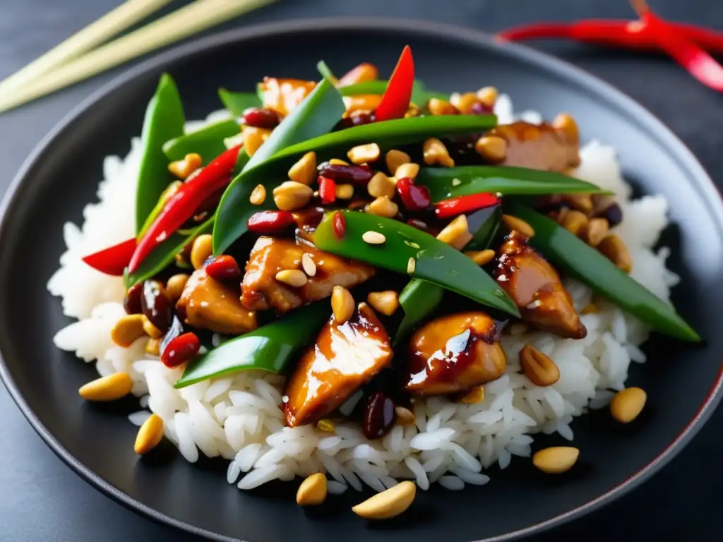 Exquisito Kung Pao Chicken con Yanjing Beer Plato tradicional chino, Kung Pao Chicken, con Yanjing Beer - Detalle y delicia en 8k