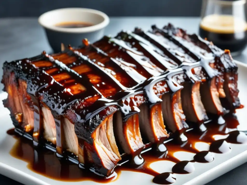 Deliciosas costillas de cerdo a la parrilla con salsa de porter, jugosas y caramelizadas, acompañadas de vegetales grillados