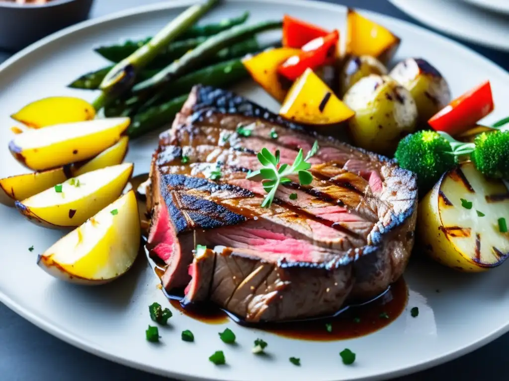 Maridajes: Plato asado con bistec jugoso, papas doradas y vegetales a la parrilla, destacando colores y texturas vibrantes