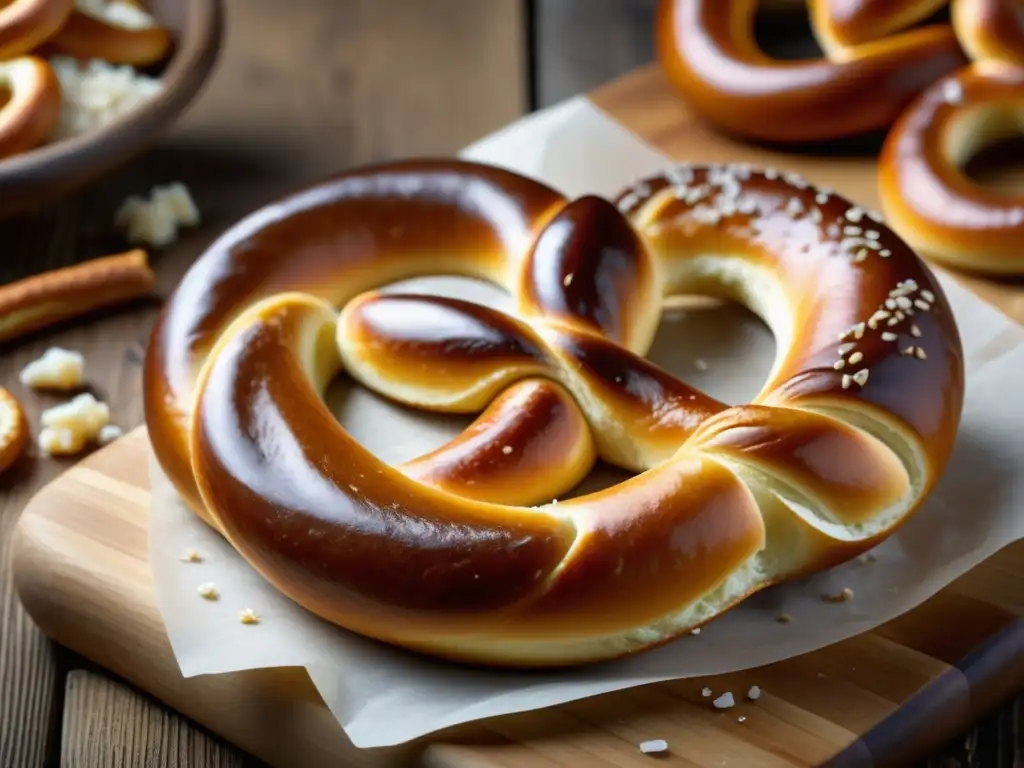 Delicioso pretzel alemán recién horneado con corteza dorada brillante en tabla de madera rústica - Helles