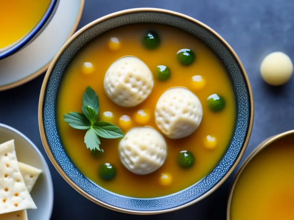 Deliciosa sopa de matza con detalles dorados, bolitas esponjosas y adornos coloridos