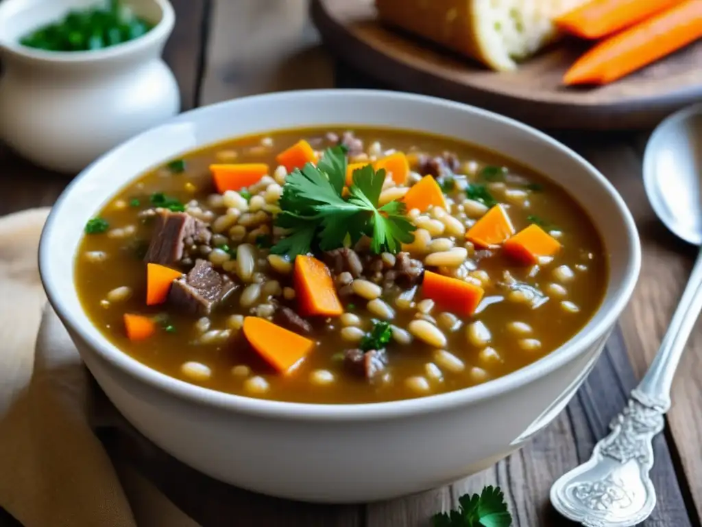 Deliciosa sopa escocesa de cebada y ale en una mesa de madera rústica, con carne tierna, zanahorias y cebollas