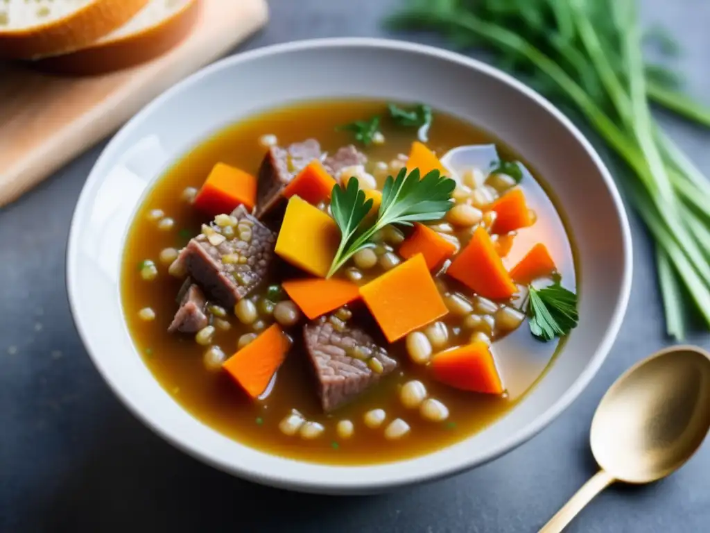 Sopa de cebada escocesa con carne tierna, zanahorias y cebolla, decorada con hierbas frescas y aceite de oliva - Ale Escocesa