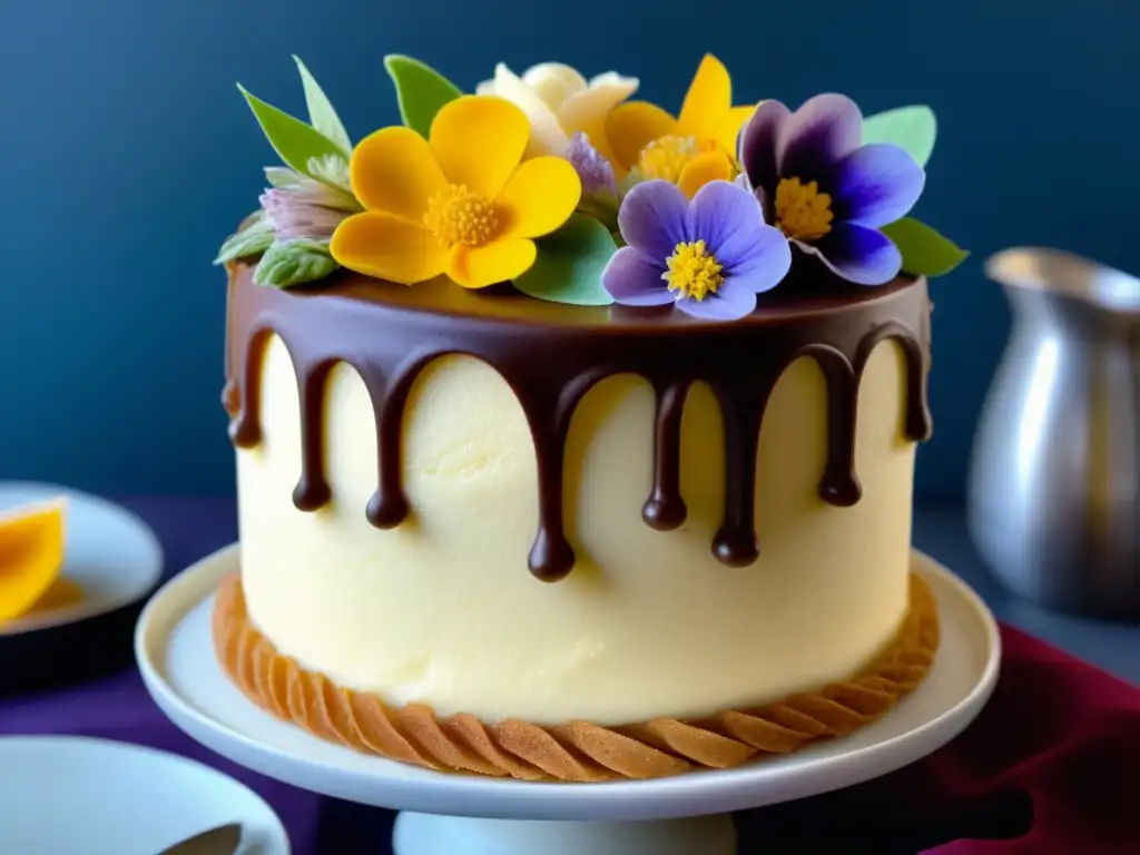 Delicioso pastel de crema ale con flores comestibles, elegante y tentador