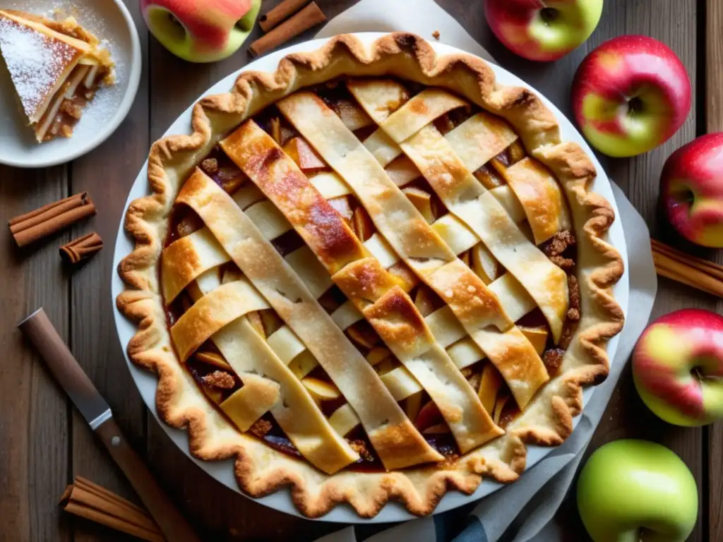 Deliciosa tarta de manzana recién horneada con una corteza dorada y escamosa, manzanas finamente cortadas en capas y bañadas en barleywine