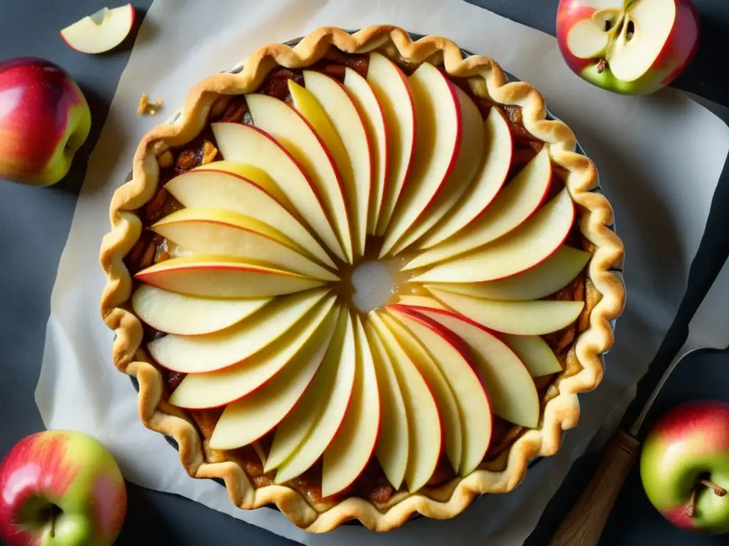 Tarta de manzana y cebada, ultradetallada, con textura de corteza dorada y relleno de cebada