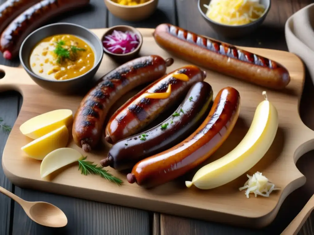 Deliciosas salchichas alemanas bratwurst y weisswurst, acompañadas de sauerkraut y mostaza picante