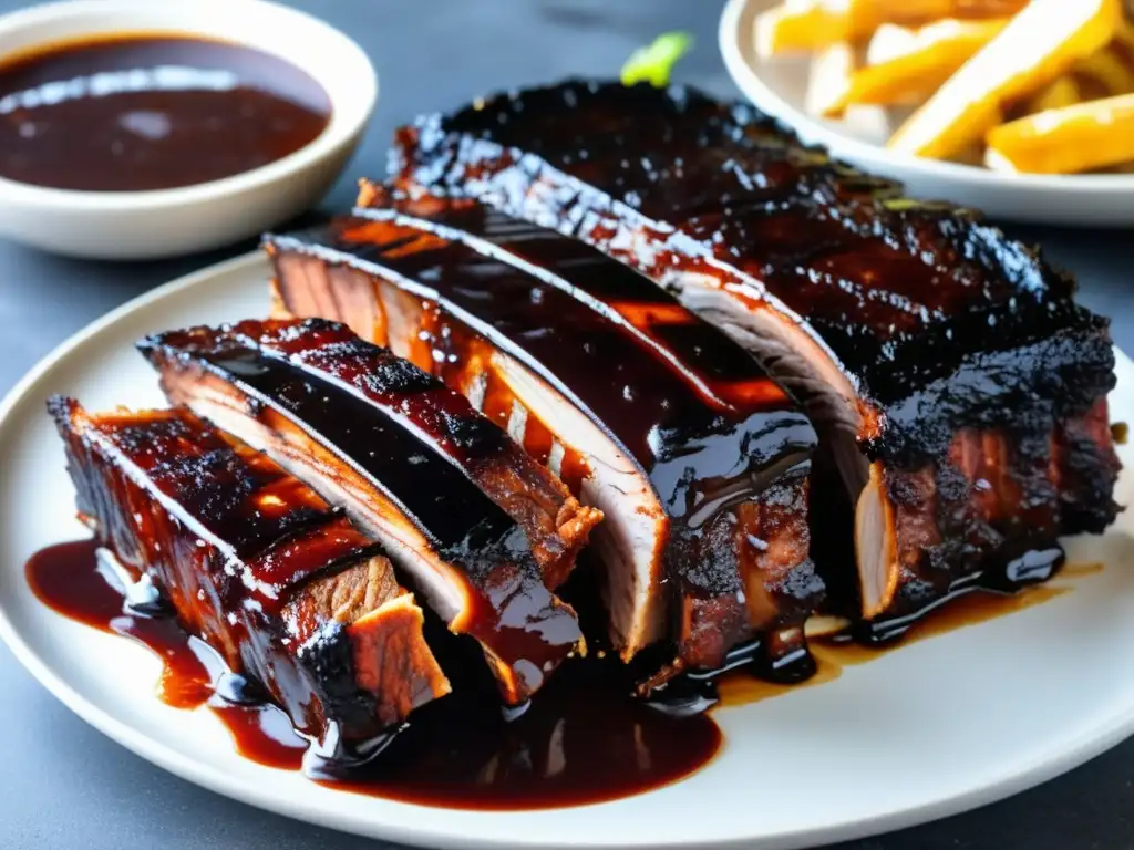 Deliciosas costillas a la parrilla con salsa BBQ y cerveza ahumada