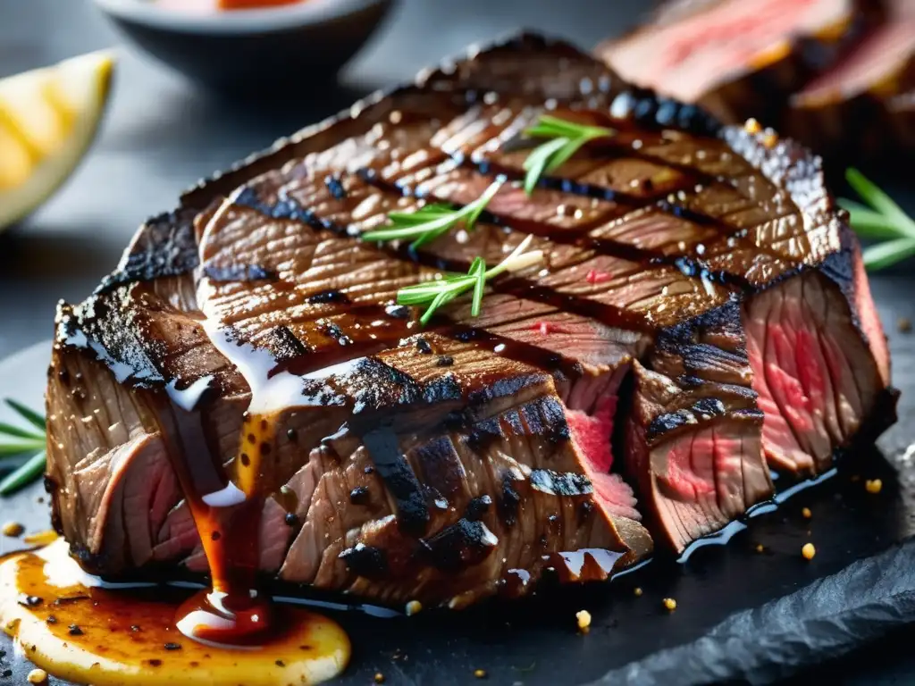 Carnes a la Parrilla: Delicioso filete jugoso y tierno con marcas de parrilla, bañado en salsa, complementado por una Ale Roja