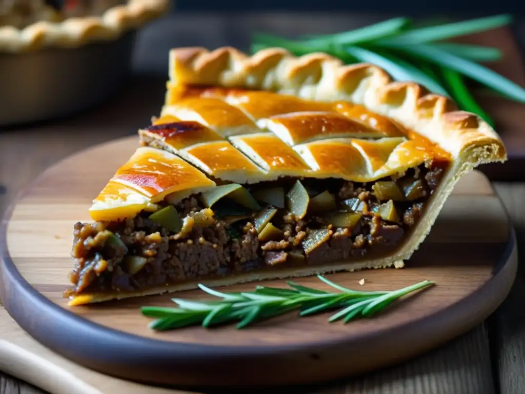 Deliciosa rebanada de pastel de carne marinada Bock, con corteza dorada y relleno jugoso de carne y verduras