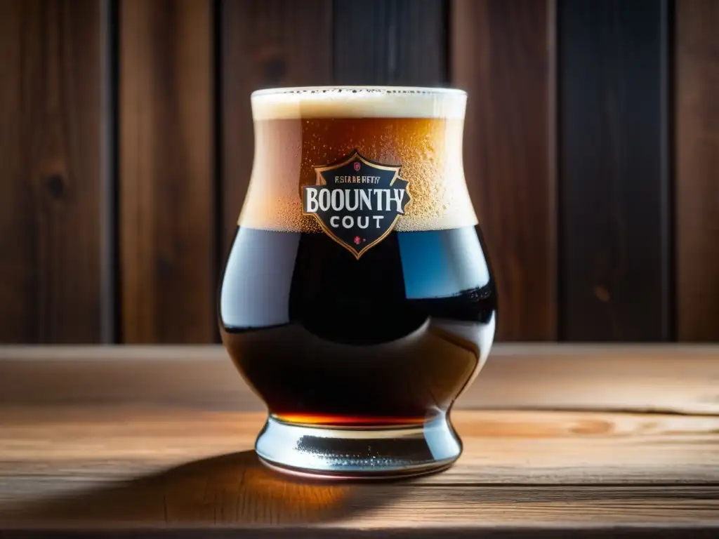 Cerveza Bourbon County Barrel-Aged Stout: imagen detallada de vaso con líquido oscuro en mesa rústica