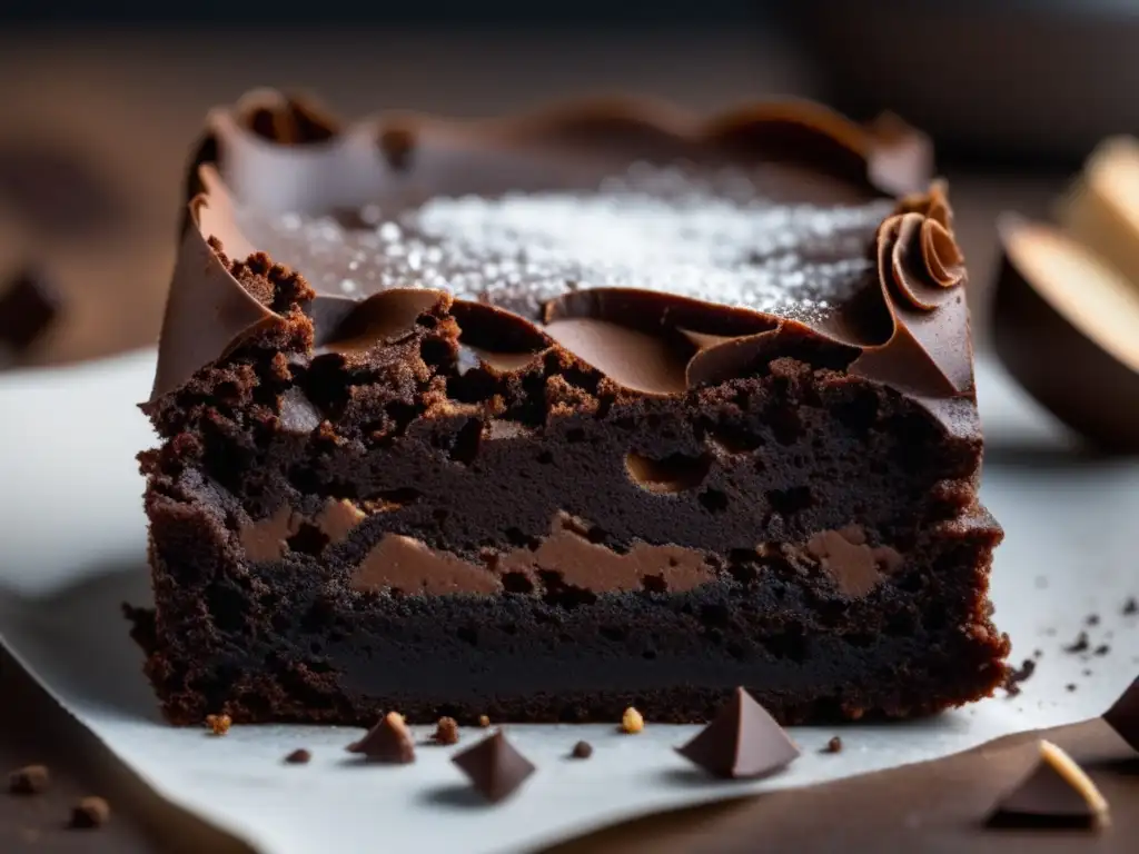 Delicioso brownie de chocolate con textura densa y húmeda, decorado con cacao en polvo