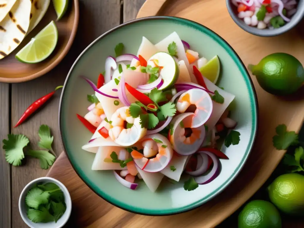 Ceviche peruano en plato de madera con Pilsen Callao