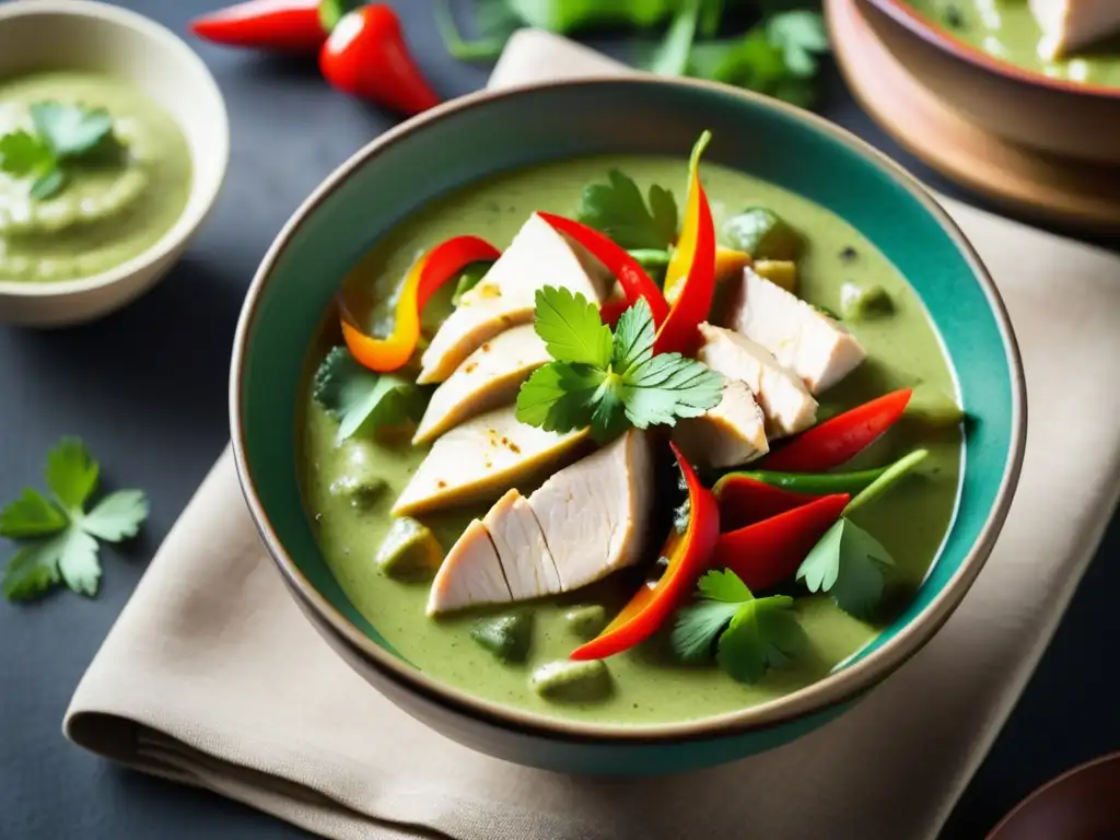 Delicioso Thai green curry con pollo y Singha, servido en un cuenco de cerámica tailandesa con detalles vibrantes y aromáticos