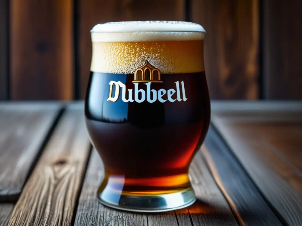 Cerveza Abbey Dubbel en vaso de vidrio, detallada y elegante